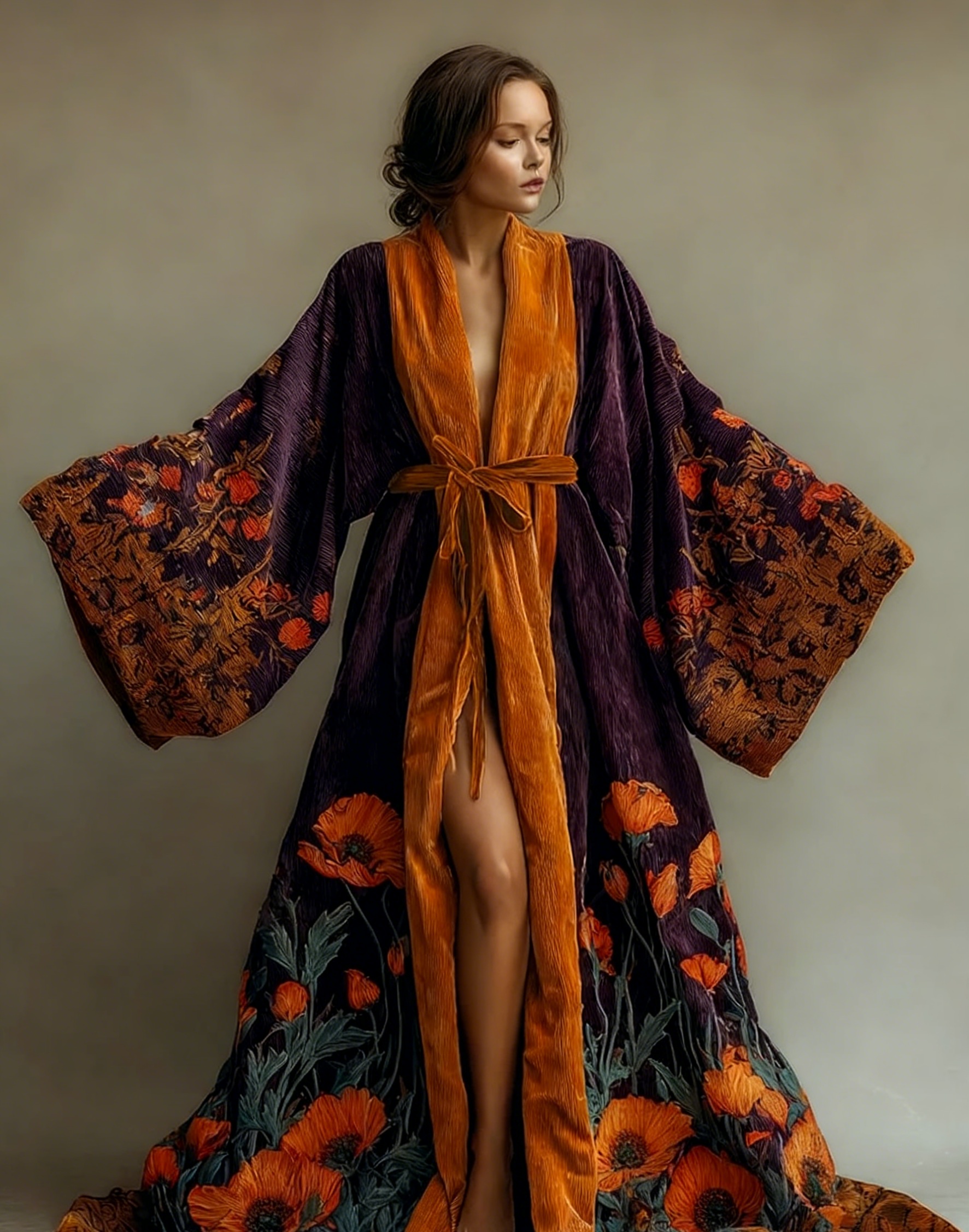 Abstract  Art Print Kimono Long Gown Autumn and Winter Robe With Belt