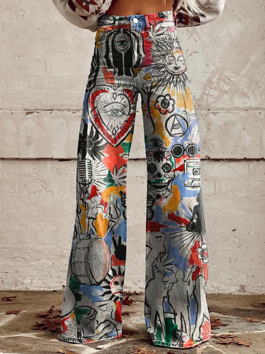 Retro Hippie Graffiti Print Casual Wide-Leg Pants