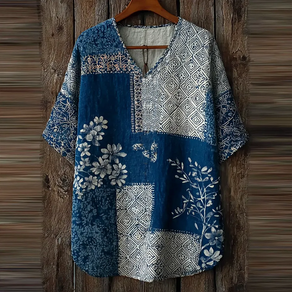 Japanese Art Retro Geometric Patchwork Plant Flower Print Women's V-neck Cotton & Linen Top