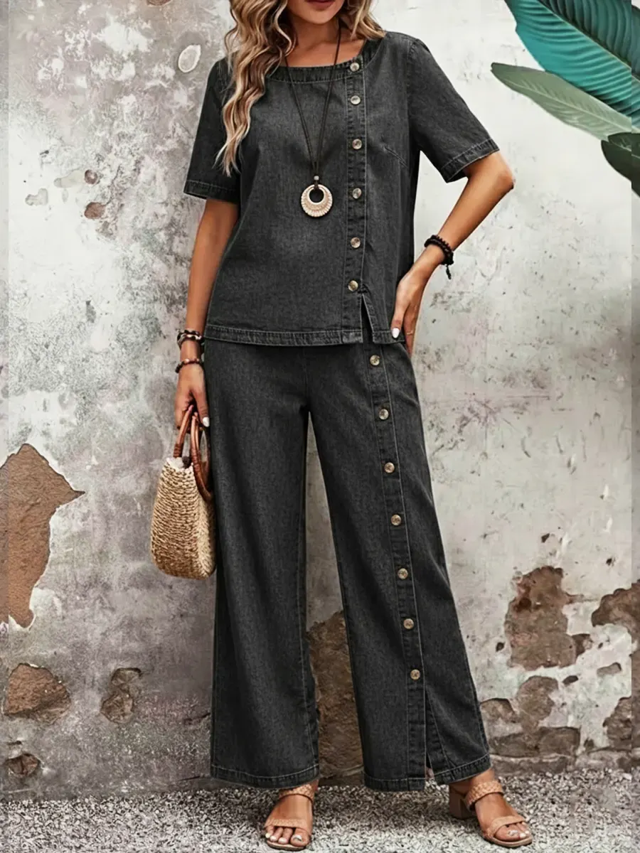 Casual Short-sleeved Button-up Denim Cotton Top & Jeans Two-piece Set