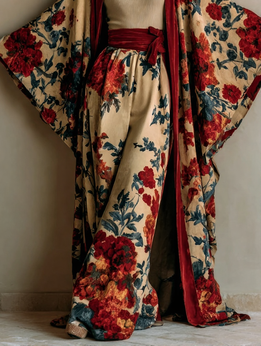 Elegant Red Vintage Printed Robe Pants Set
