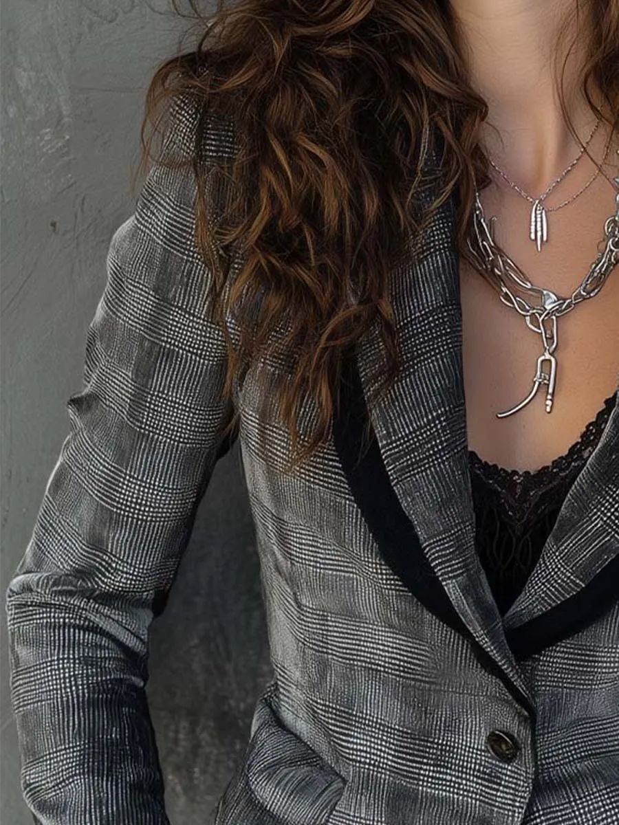 Vintage Velvet Printed Plaid Blazer Jacket
