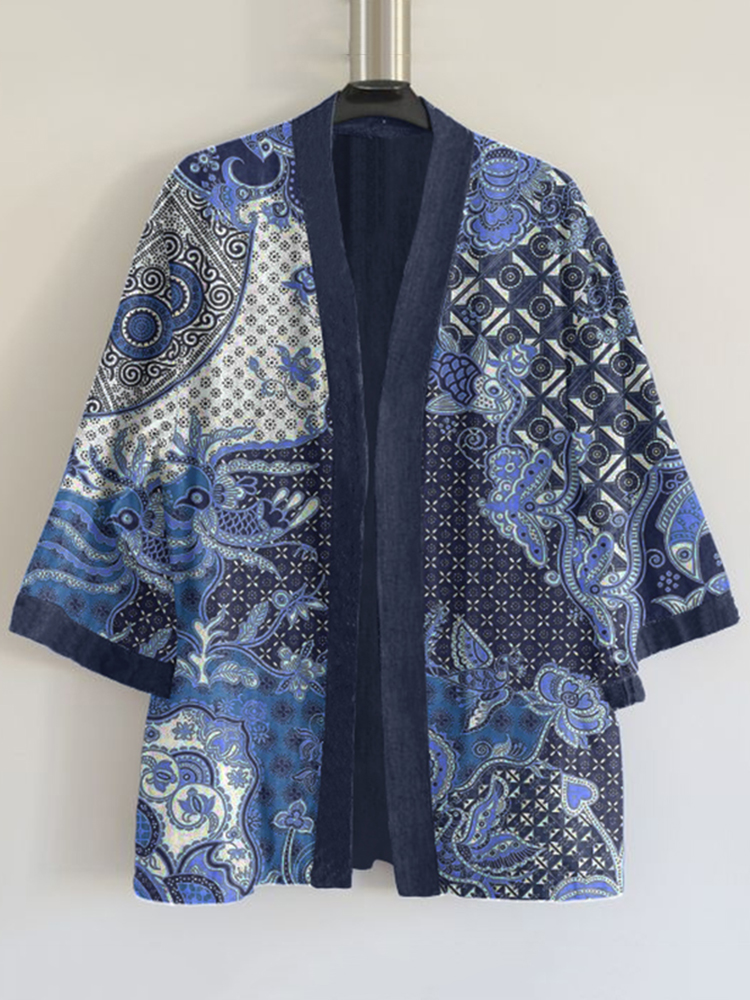 Japanese Traditional Sashiko Art Pattern Art Print Blend Kimono Cardigan