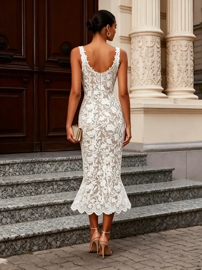 White Lace Sweetheart Neckline Sleeveless Mermaid Midi Dress
