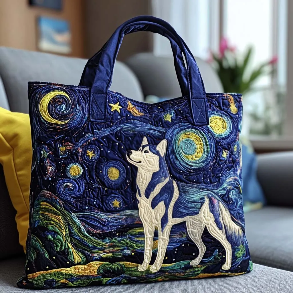Starry Night Dog Quilted Tote Bag