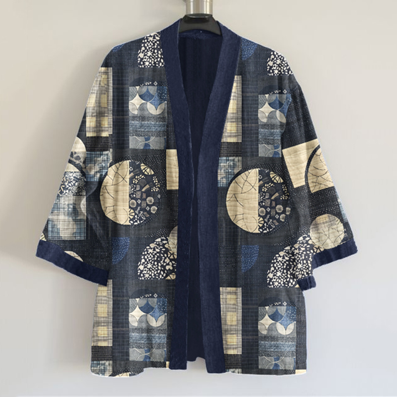Japanese Traditional Sashiko Art Pattern Art Print Blend Kimono Cardigan