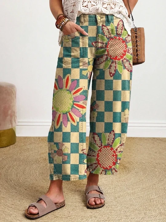 Vintage-style Textured Floral Art Print Casual Cotton Trousers With Pockets