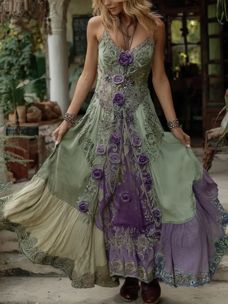 Vintage Classy Gradient Purple Lavender And Floral Embroidered Suspender Long Dress