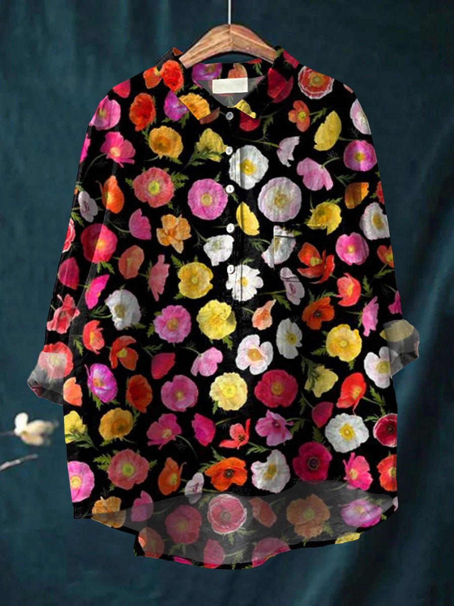 Poppy Art Print Casual Cotton & Linen Shirt