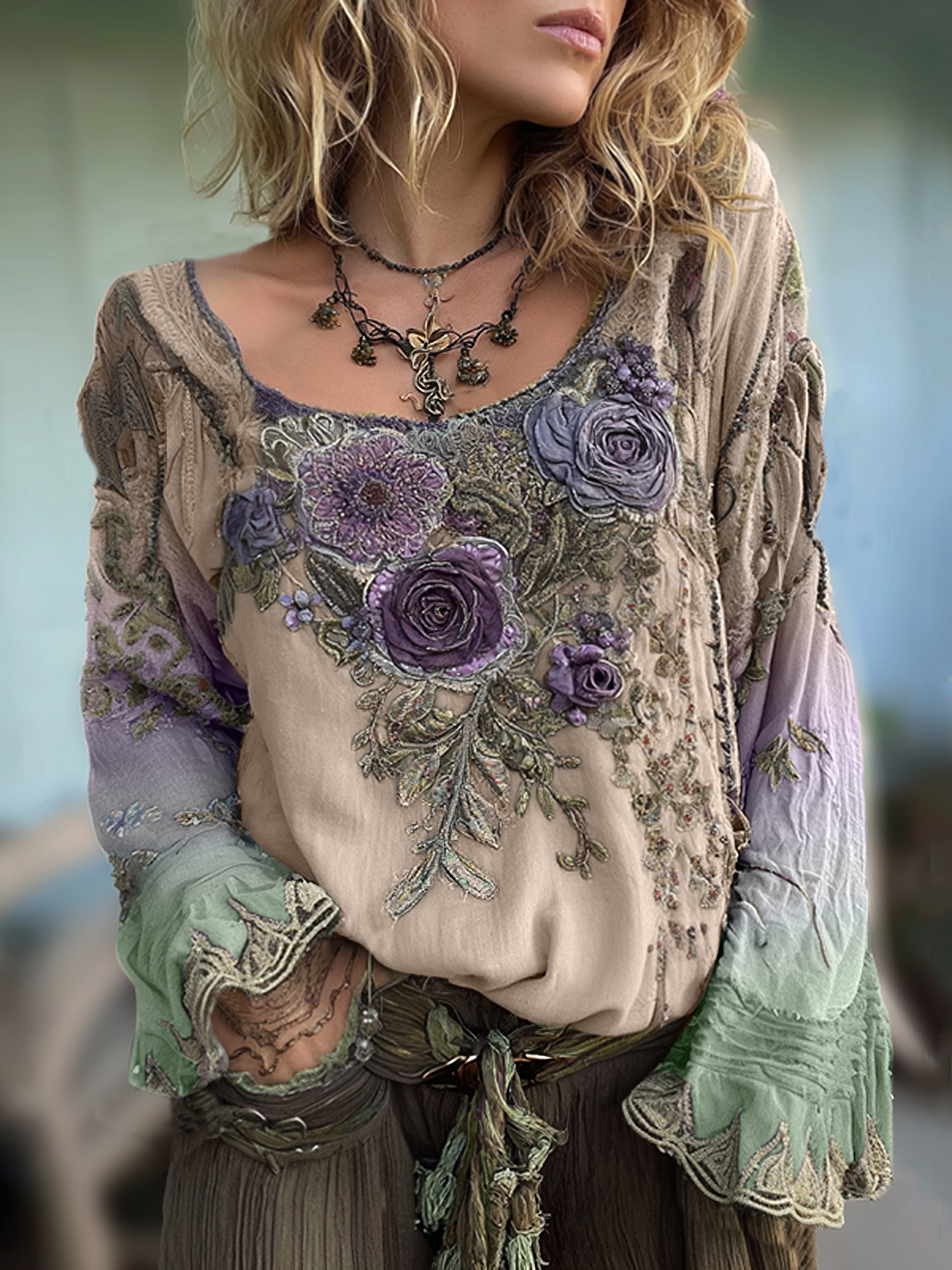 Vintage Purple Lavender And Floral Embroidered Long Sleeve Shirt