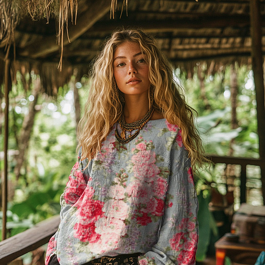 Vintage Floral Print Cotton & Linen Loose Top