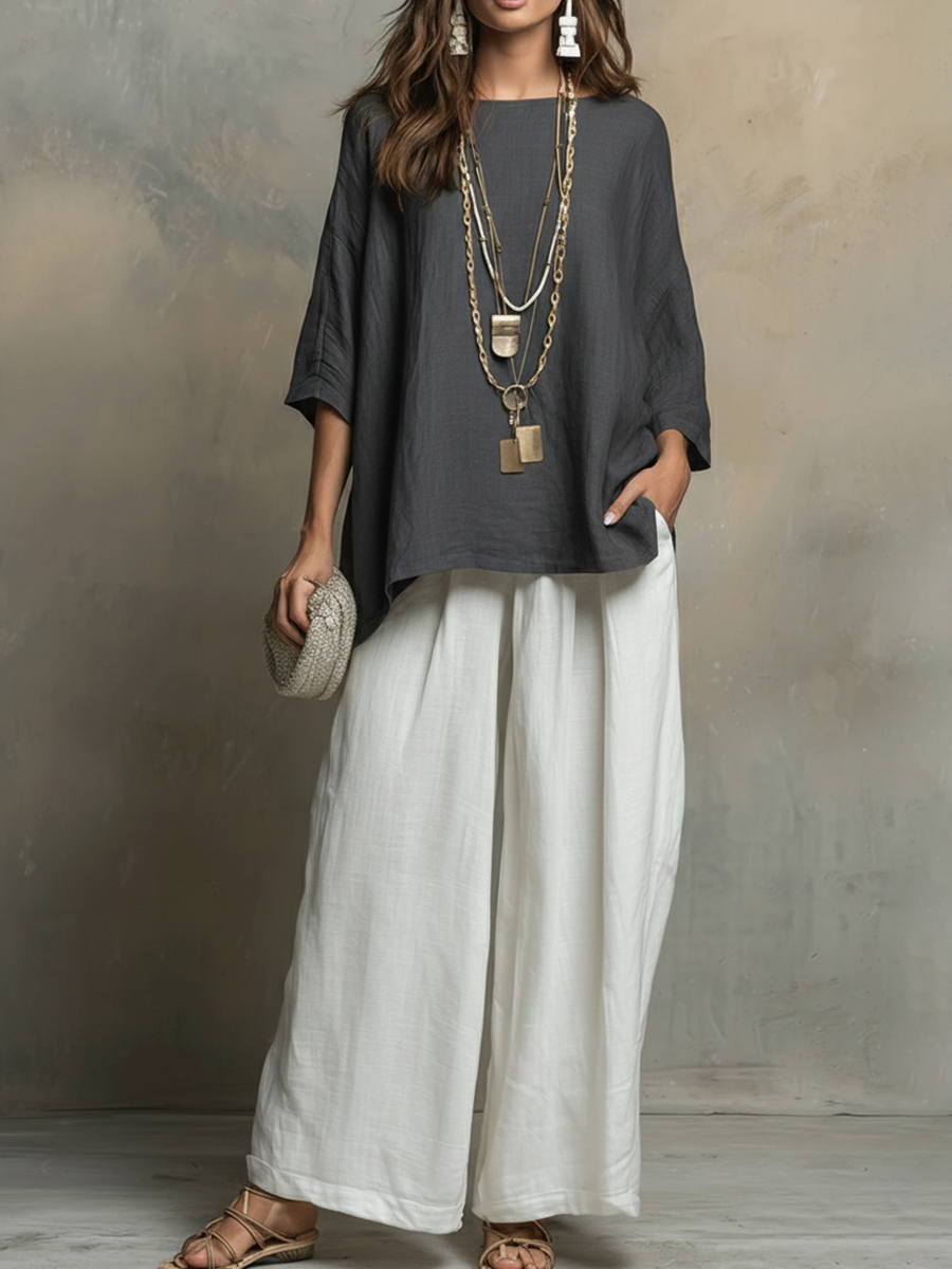 Cotton-linen Irregular Top & Wide-leg Pants Two-piece Set