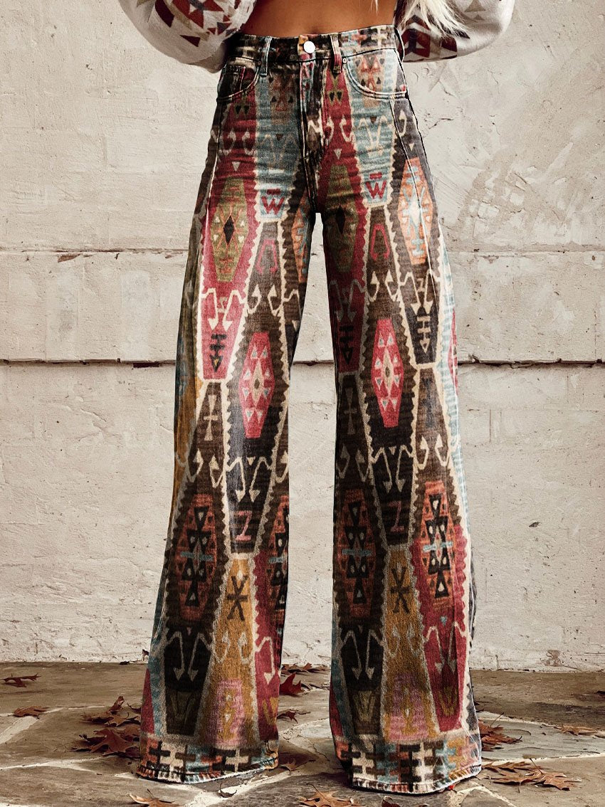 Vintage Print Casual Wide-Leg Pants