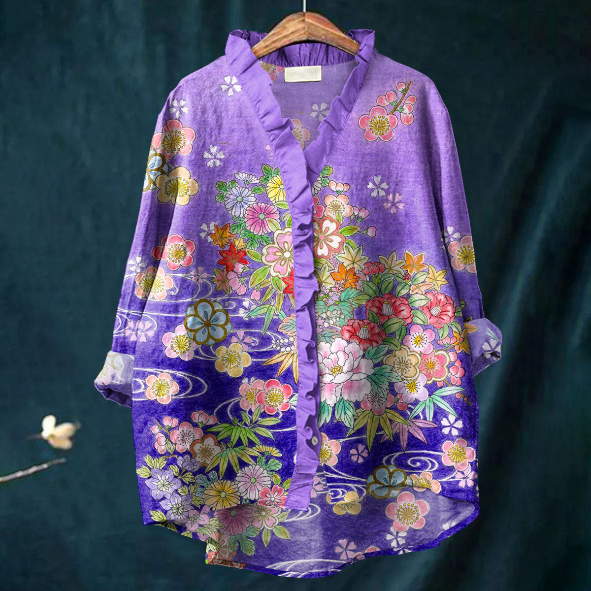 Vintage Floral Art Print Casual Cotton & Linen Ruffle Shirt