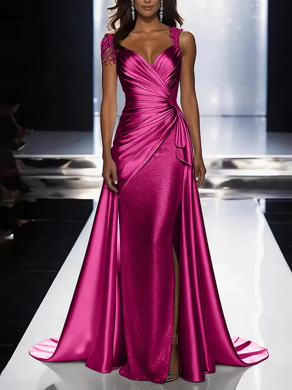Silver Grey Deep V-Neck Draped Satin Metallic Mermaid Maxi Dress