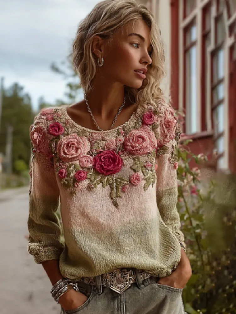 Women's Bohemian Style Spring Rose Gradient Color V-neck Long Sleeve Top