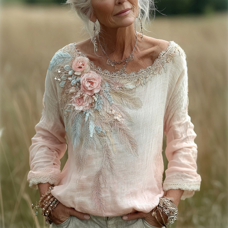 Feather Floral Embroidery Linen Crew Neck T-shirt
