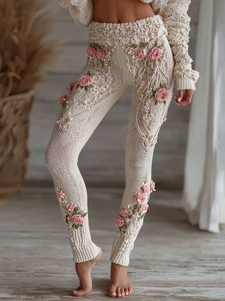 Women's Vintage Pink Floral Art Cozy Knit Leggings