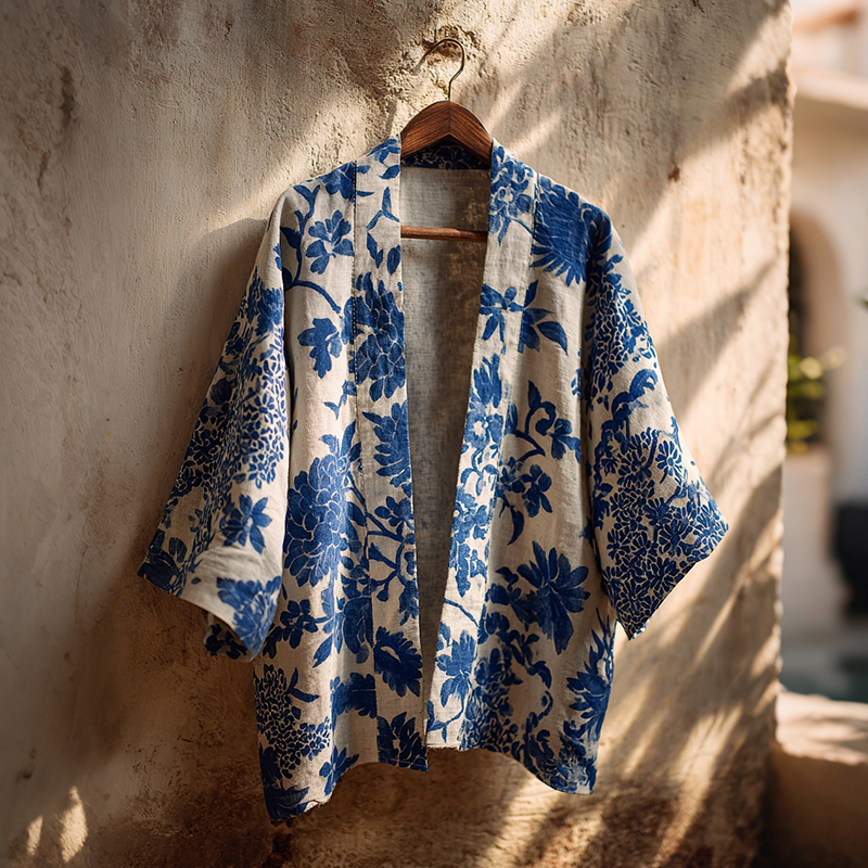 Vintage Japanese Traditional Sashiko With Floral Art Print Cotton & Linen Blend Kimono Cardigan