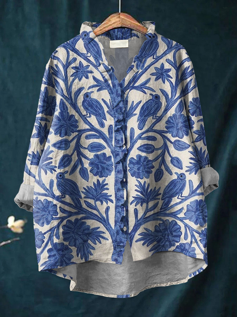 Pastoral Art Print Casual Cotton & Linen Ruffle Shirt