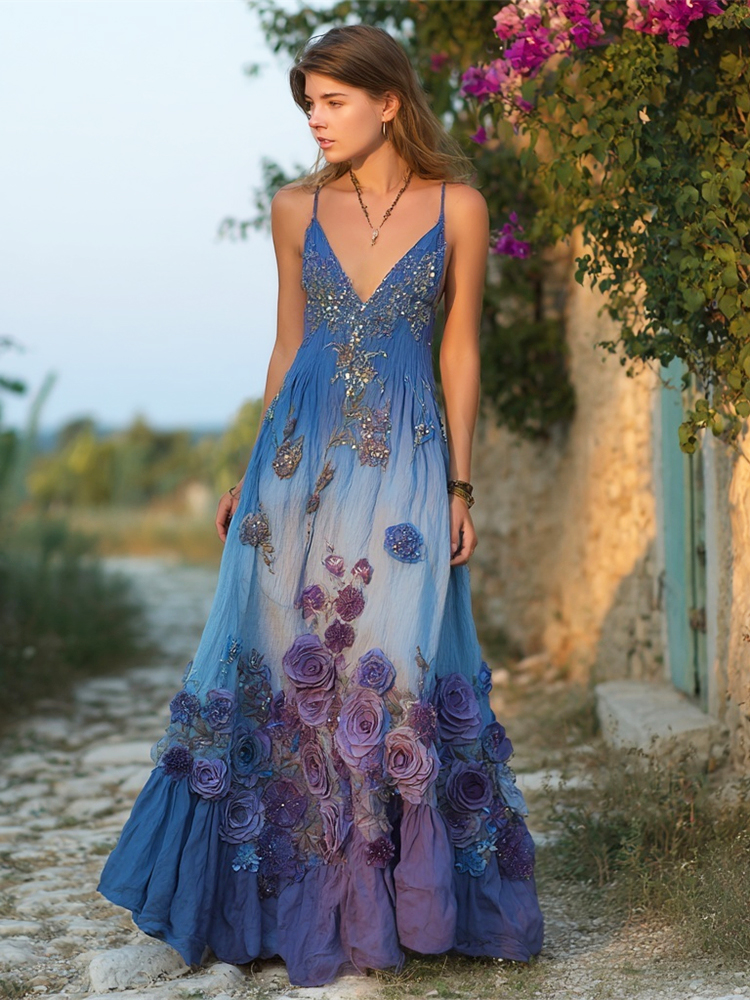 Boho Vintage Floral Embroidery Gradient Women's V-neck Spaghetti Straps Flowy Maxi Dress