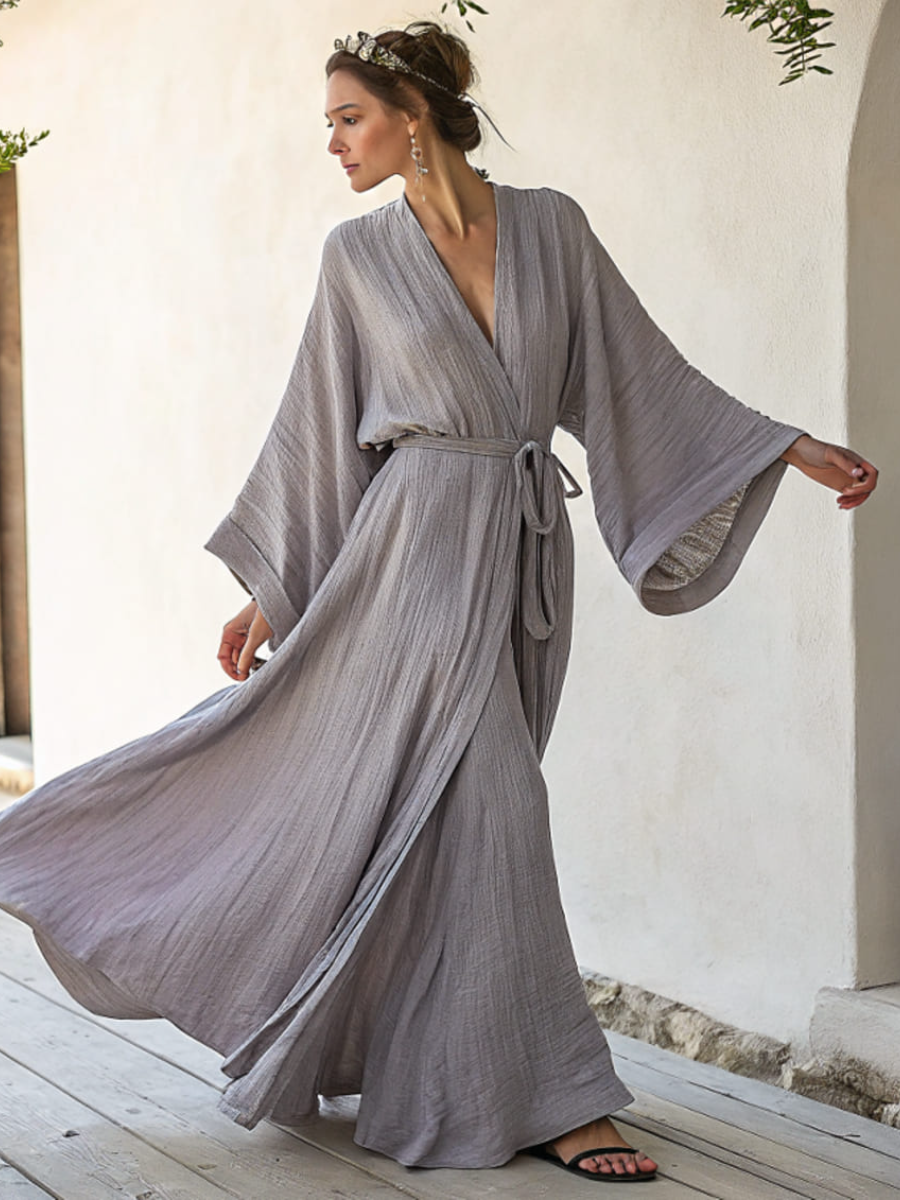 Linen V-neck Casual Kimono Robe (with belt)