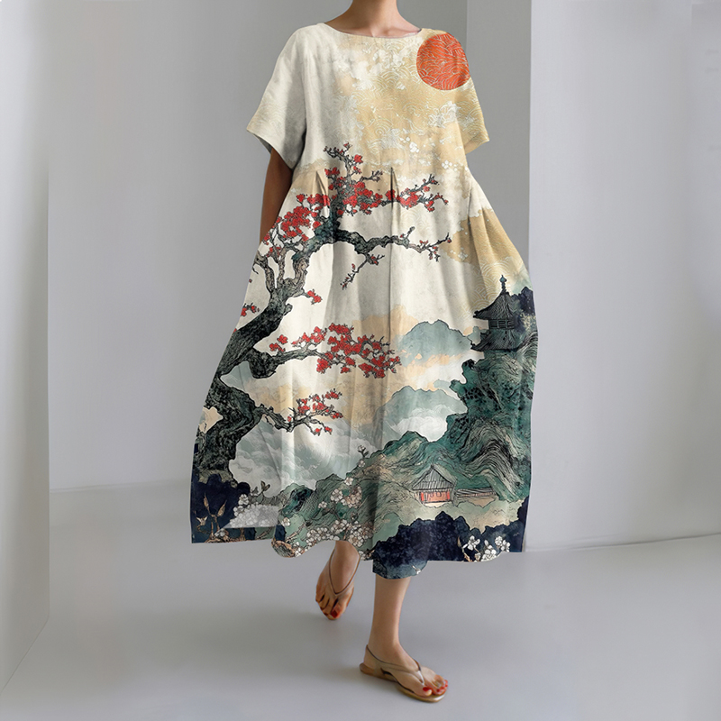 Japanese Art Ink Wash Floral Painting Print Midi Dress