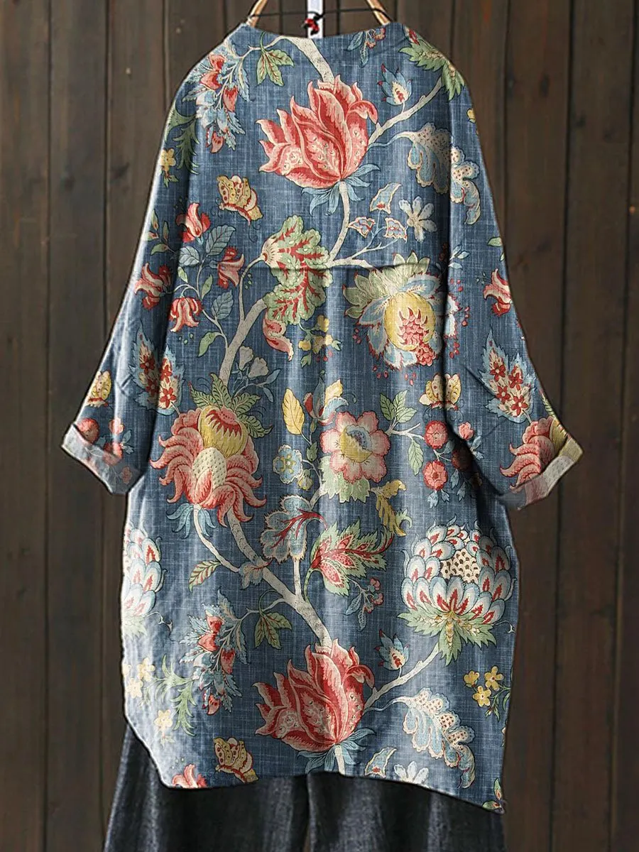 Vintage Lovely Floral Art Print Loose Casual Top Jacket