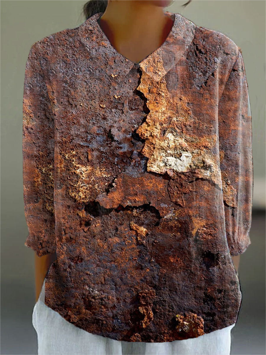 Vintage Aged Rust Print Casual Cotton & Linen 3/4 Sleeve Shirt