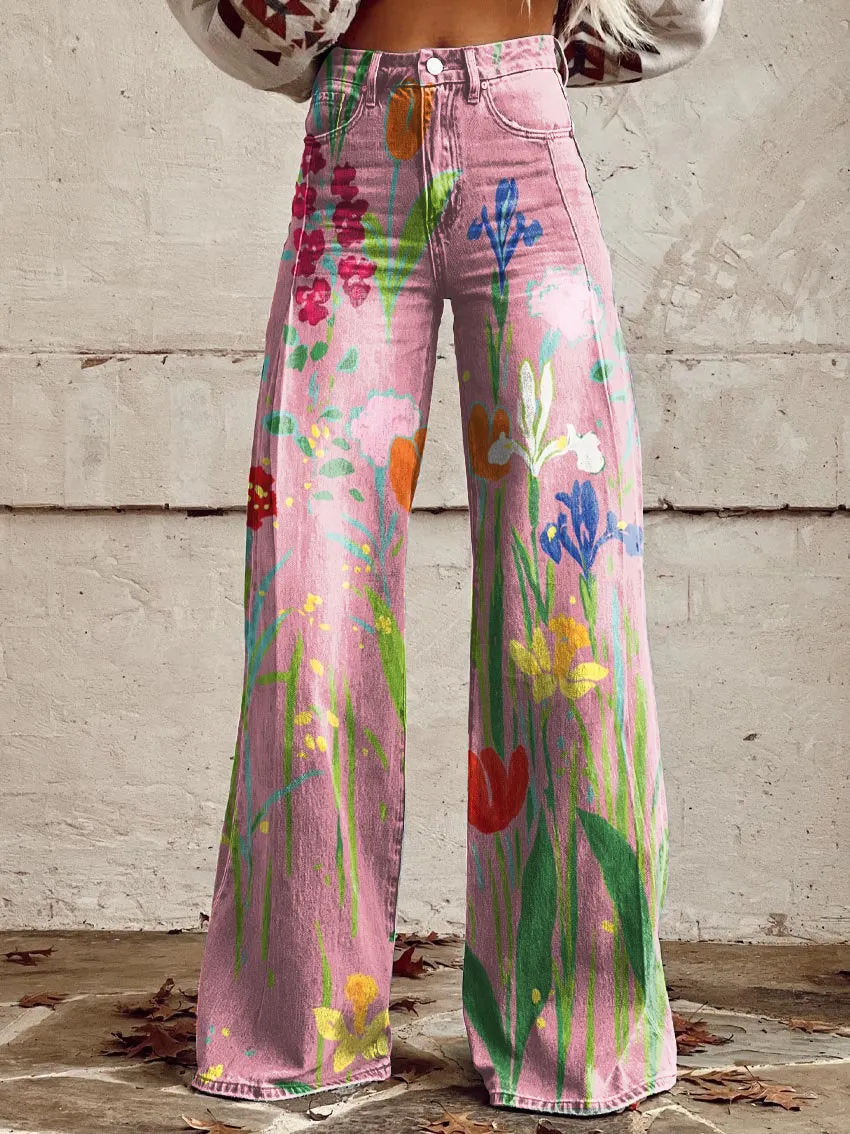 Floral Print Casual Wide-Leg Pants