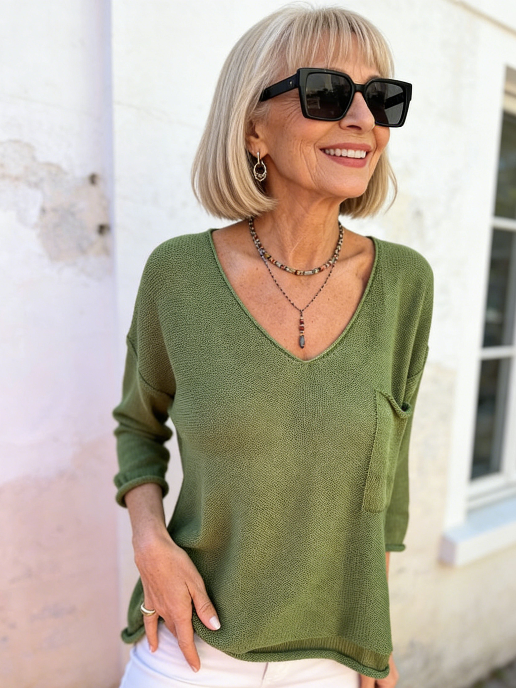 Taupe V-Neck 3/4-Sleeve Knit Top