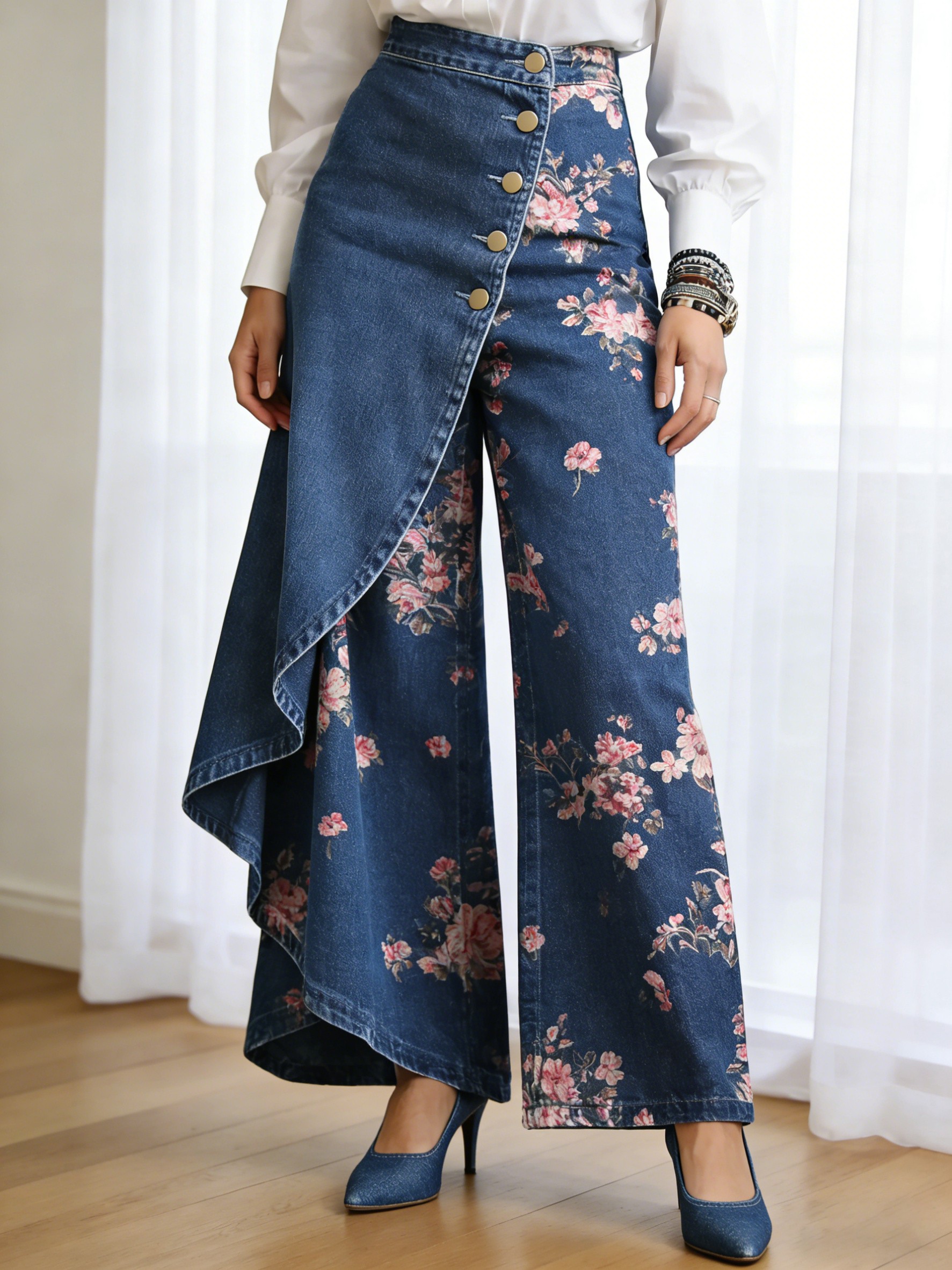 Art Print Casual Washed Denim Cotton Pants
