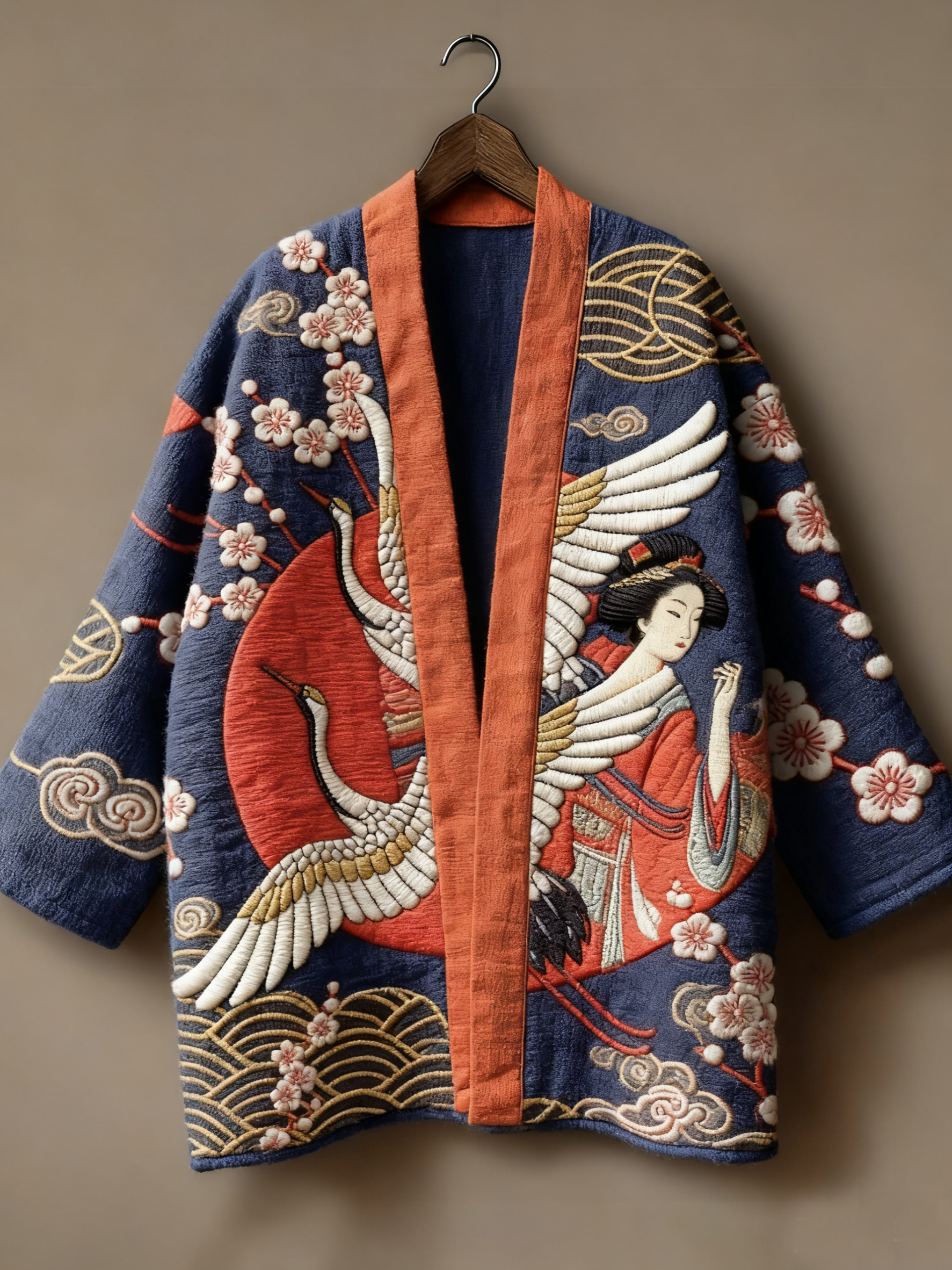 Japanese art ukiyo-e three-dimensional embroidered linen kimono cardigan