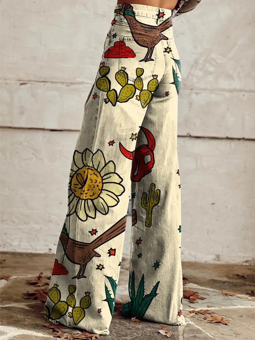 Western Print Casual Wide-Leg Pants
