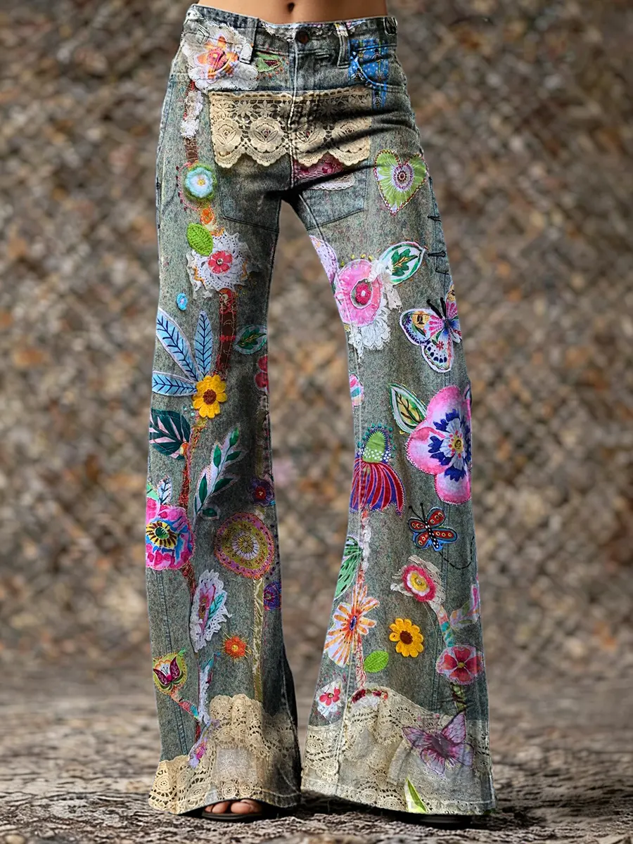 Vintage Floral Art Print Washed Cotton Pants