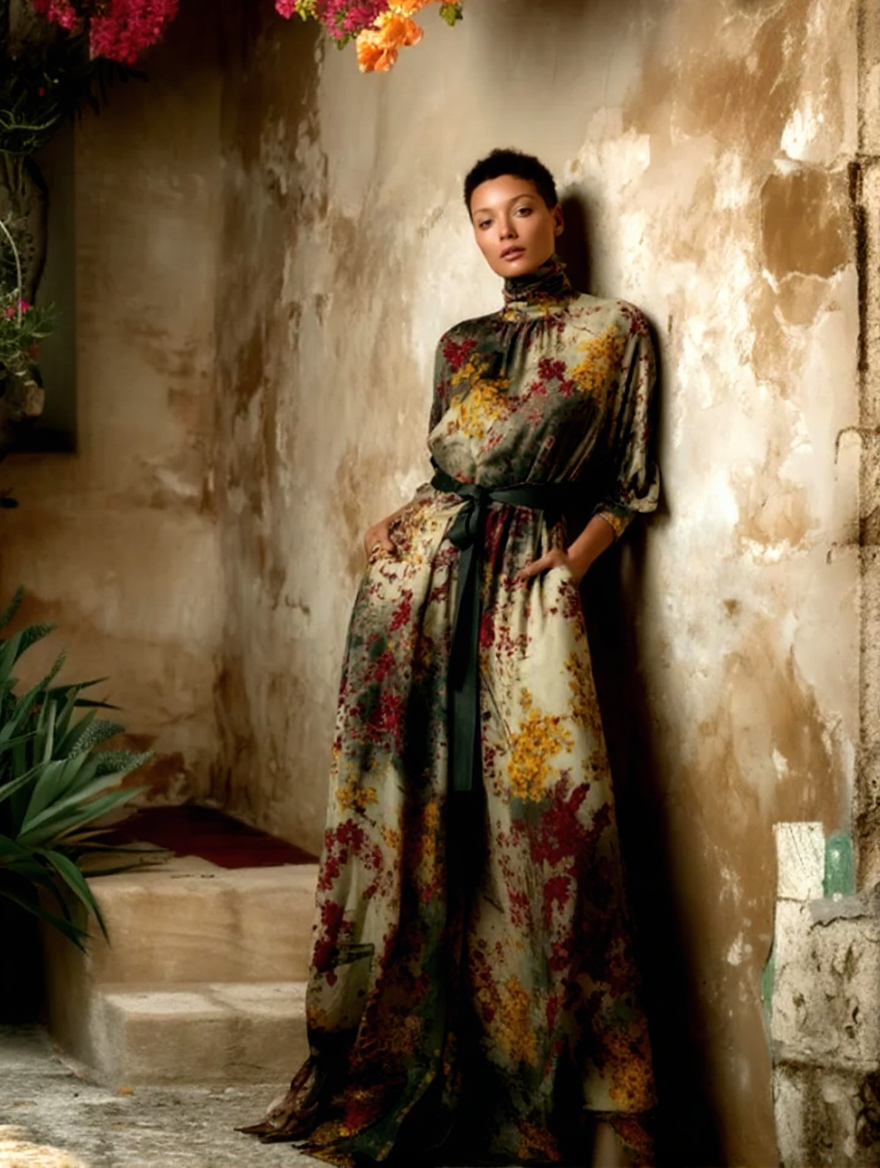 Elegant Silk Clasp Vintage Print Dress