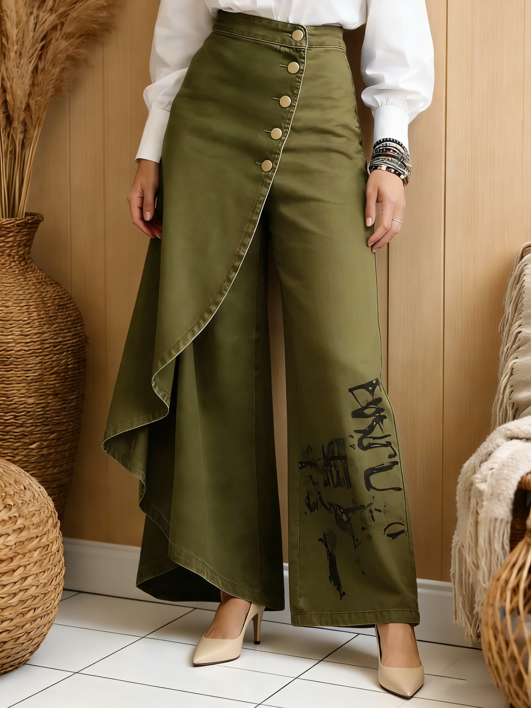 Art Print Casual Washed Denim Cotton Pants