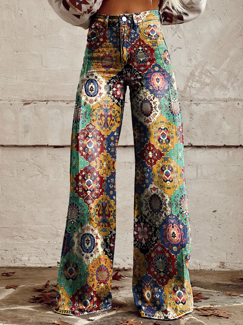 Vintage Geometric Pattern Print Casual Wide-Leg Pants