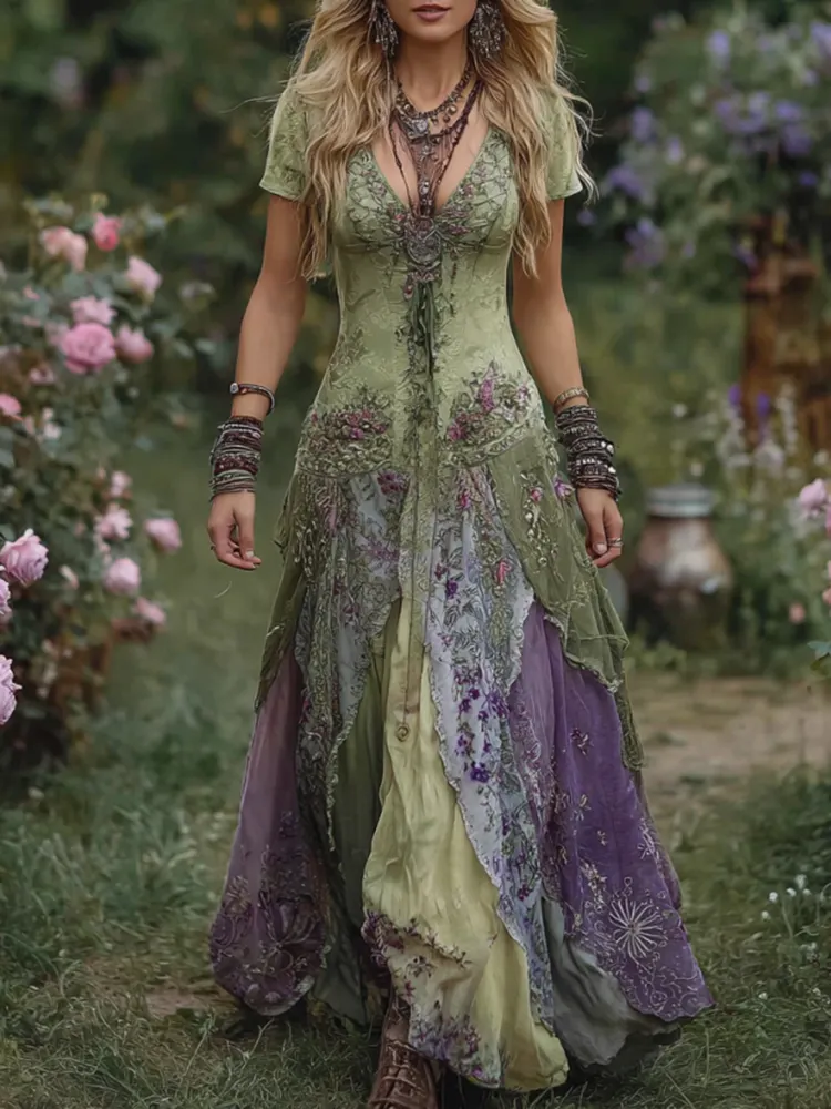 Vintage Gradient Purple Floral Embroidered Maxi Dress