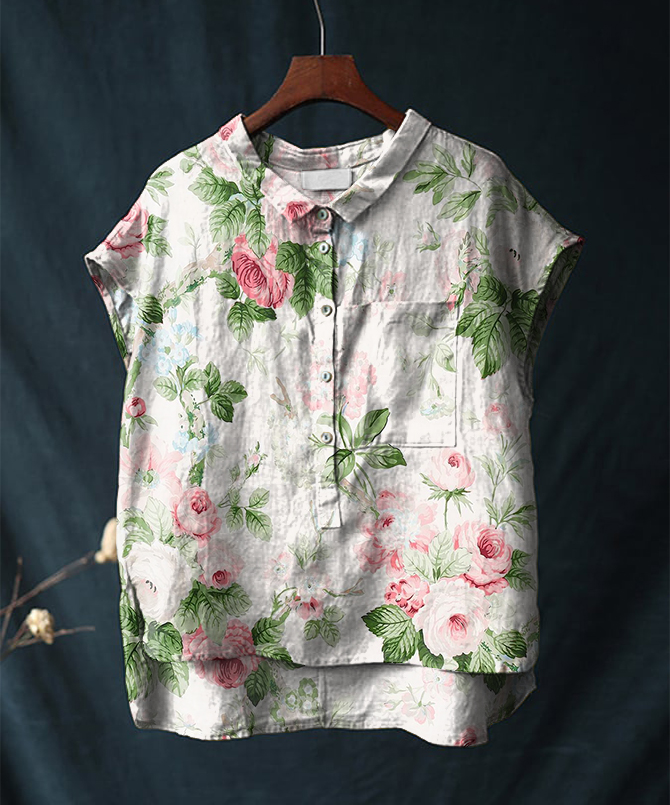 Vintage Floral Print Short-sleeved Cotton & Linen Shirt