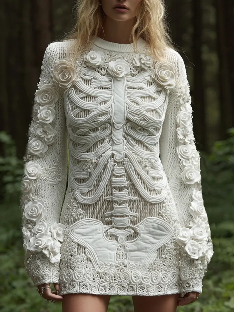 Women's Vintage Halloween Skeleton Bones With White Rose Art Cozy Knit Mini Sweater Dress