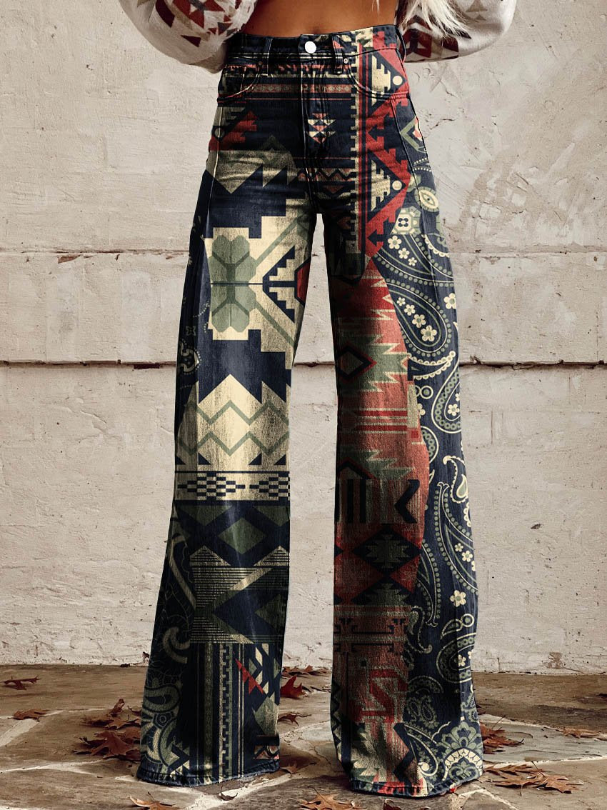 Aztec Collage Print Casual Wide-Leg Pants