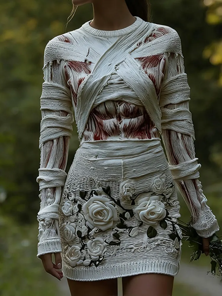 Women's Halloween Muscle Anatomy Bandage With Rose Art Cozy Knit Mini Sweater Dress