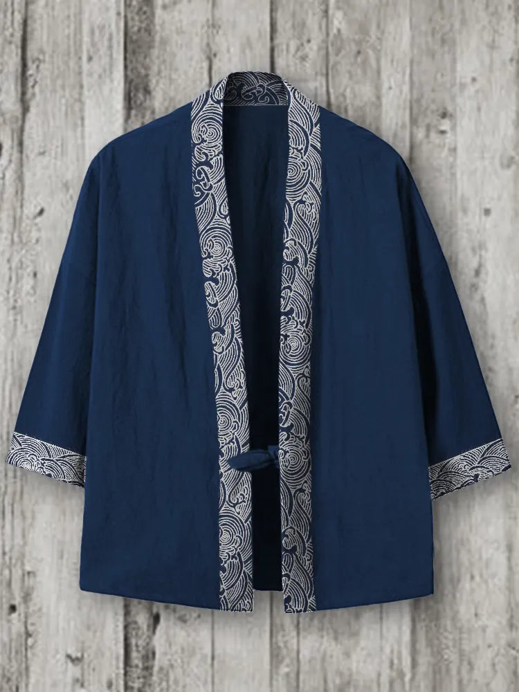 Sea Waves Japanese Trim Linen Blend Kimono Cardigan