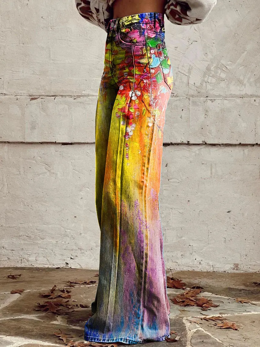 Art Floral Print Casual Wide-Leg Pants