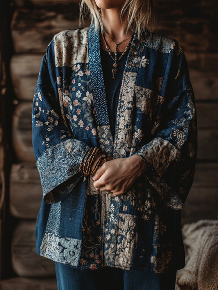 Vintage Japanese Traditional Sashiko Floral Patchwork Art Print Cotton & Linen Blend Kimono Cardigan