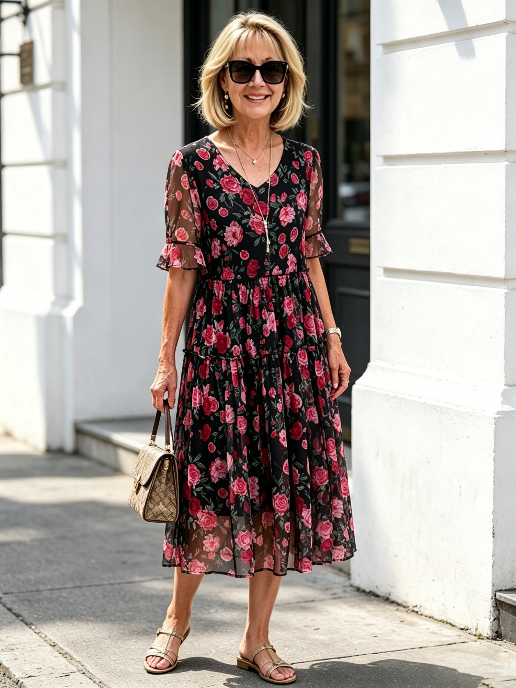 Black Floral Tiered Midi Dress