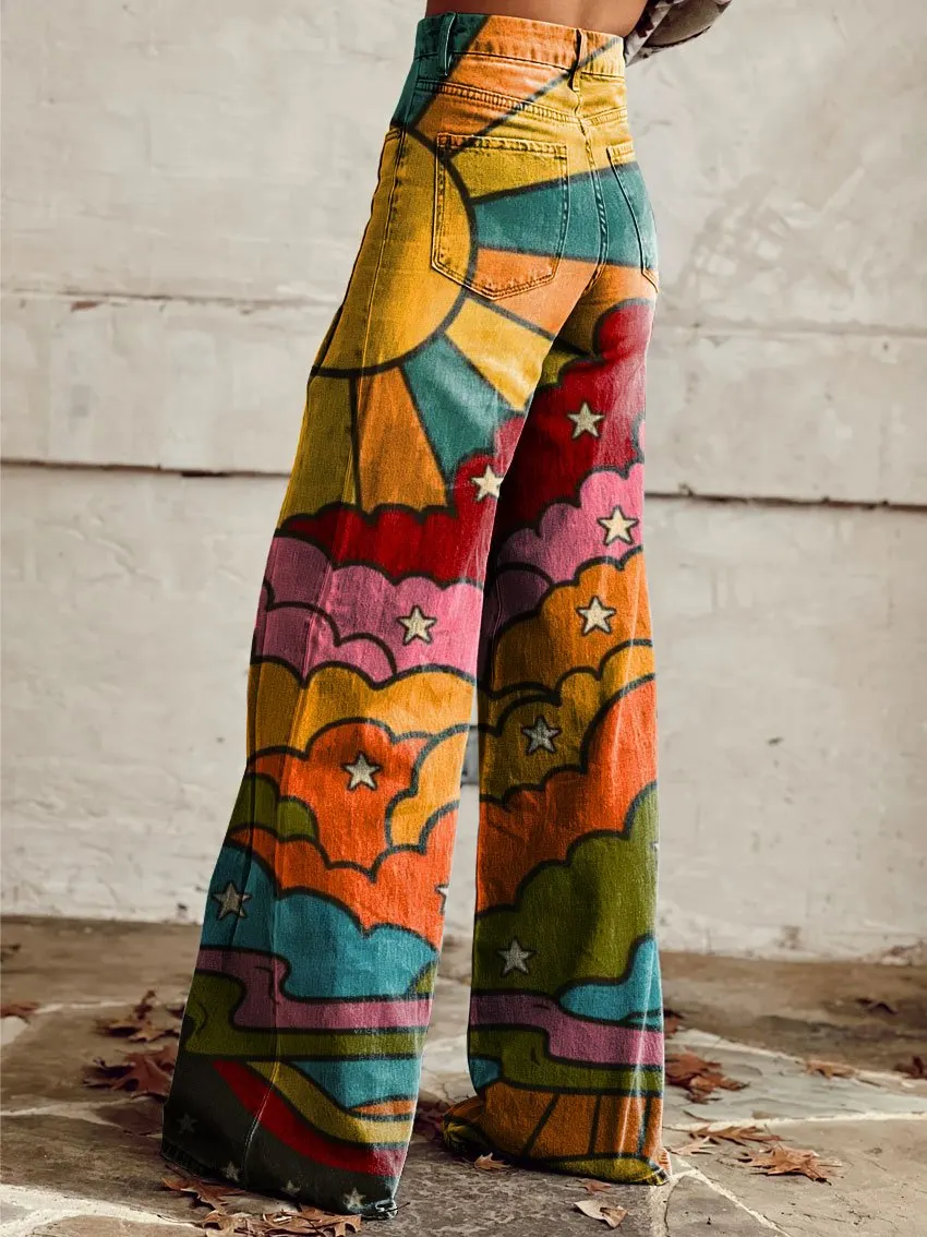 Vintage Print Casual Wide-Leg Pants