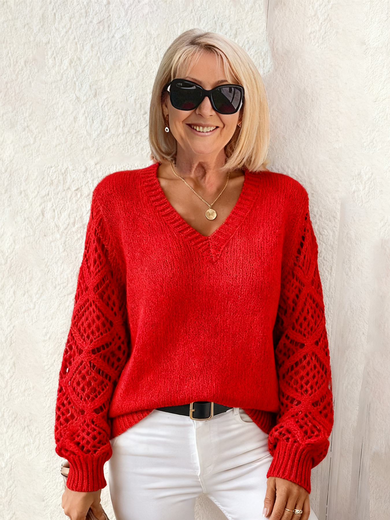Orange Openwork-Sleeve Knit Top