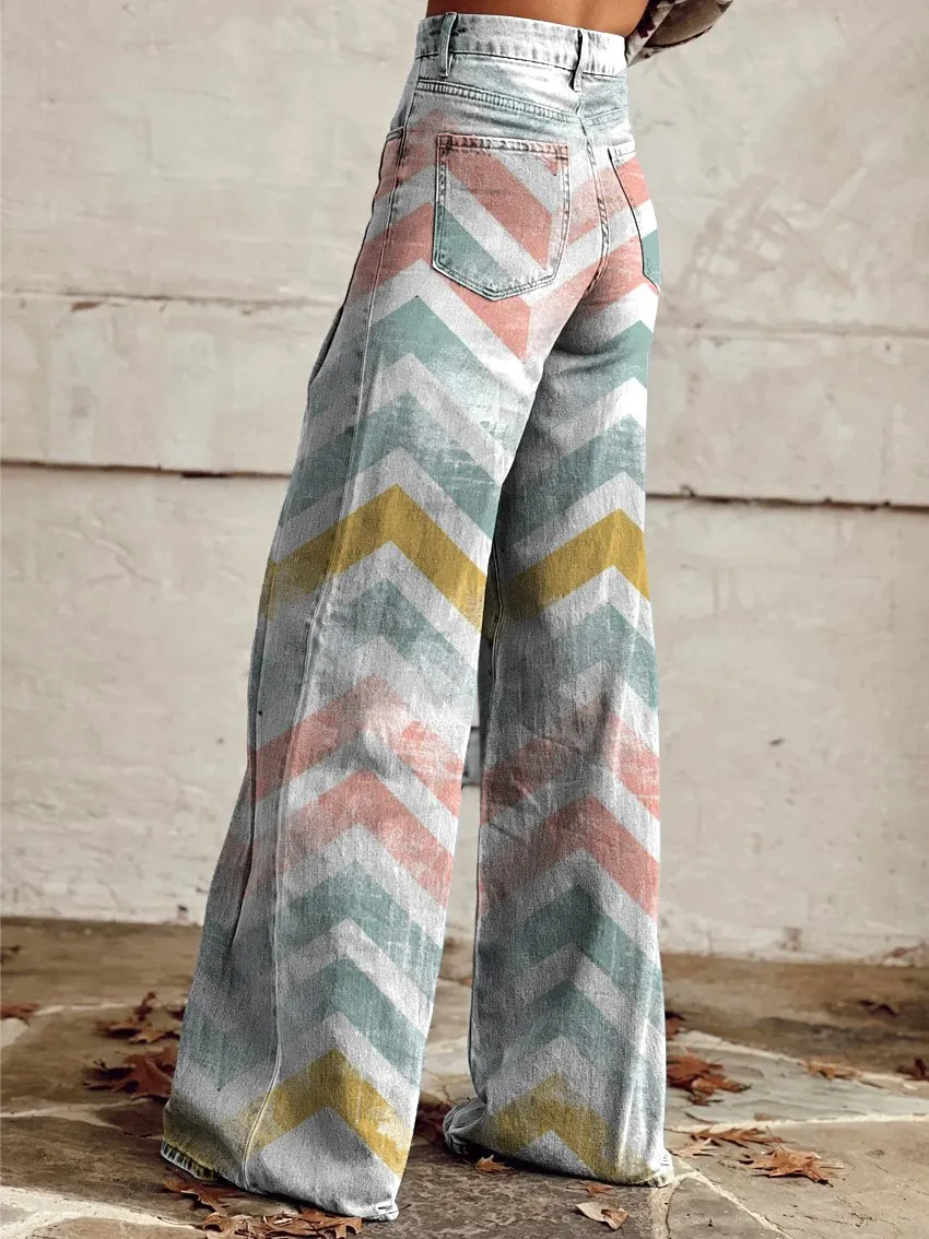 Vintage Print Casual Wide-Leg Pants